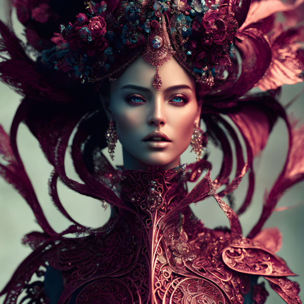 Intricate floral headgear and regal attire on a mystical woman