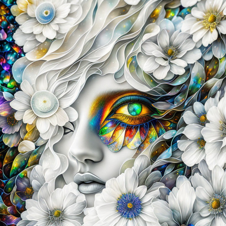 Woman's face merged with vibrant flowers and cosmic patterns