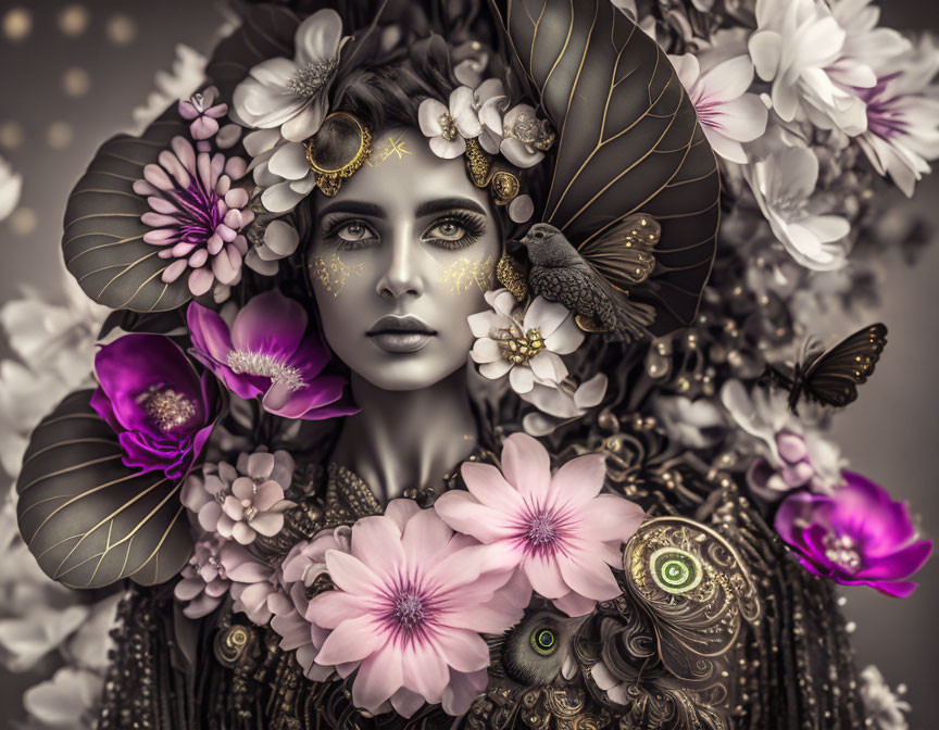 Sepia-Toned Artistic Portrait of Woman with Flowers, Butterflies, and Bird