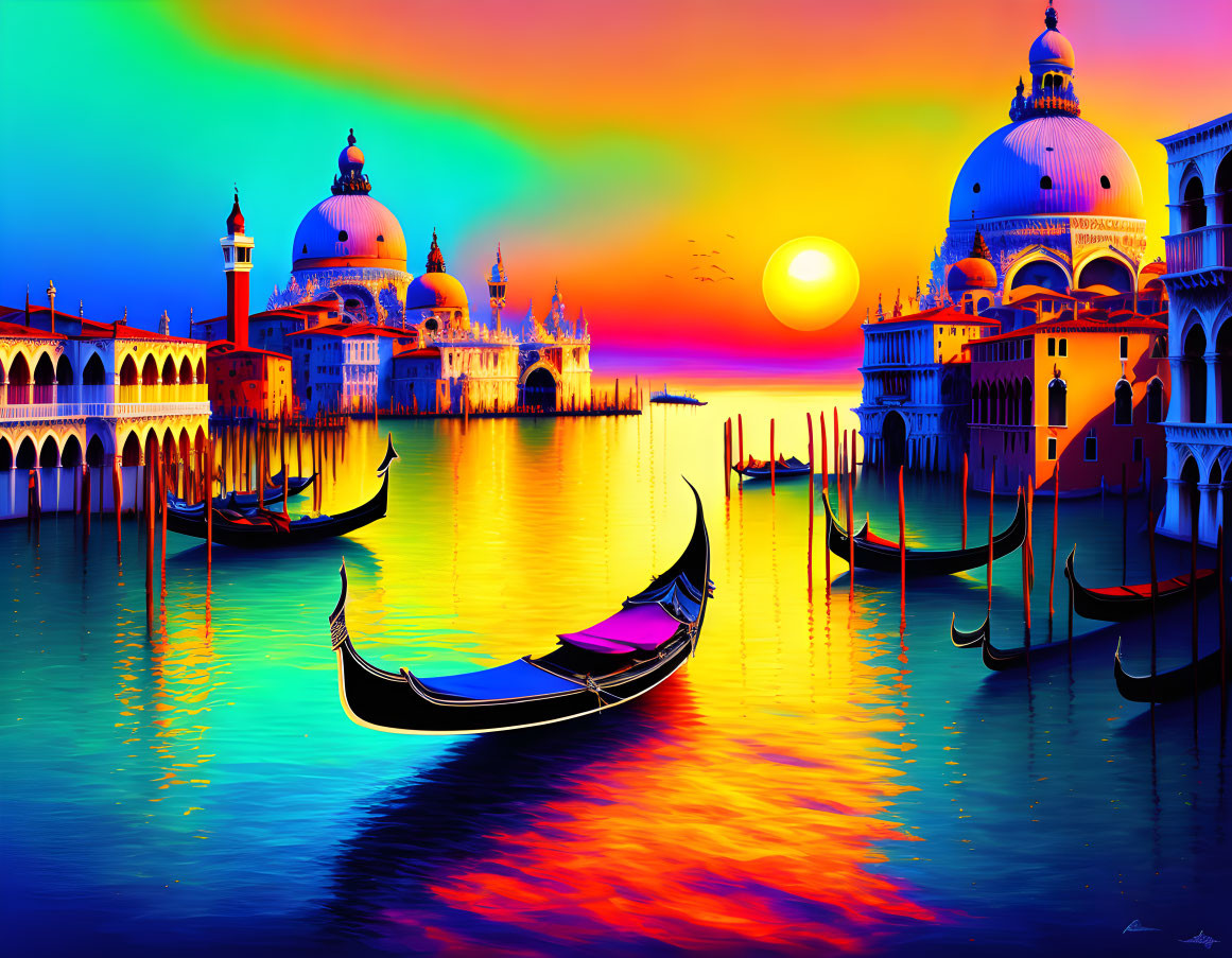 Vibrant Venice Scene with Gondolas and Sunset Sky