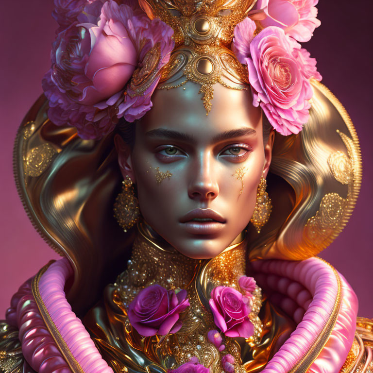 Digital portrait featuring person with golden jewelry, ornate headdress, intricate face make-up on pink background