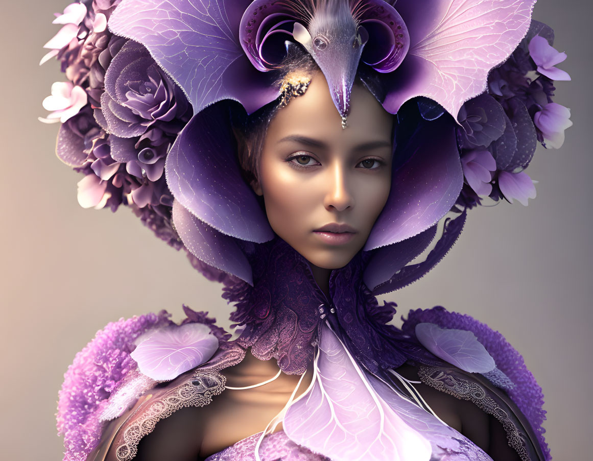 Woman in Lavish Purple Floral and Feathered Headdress