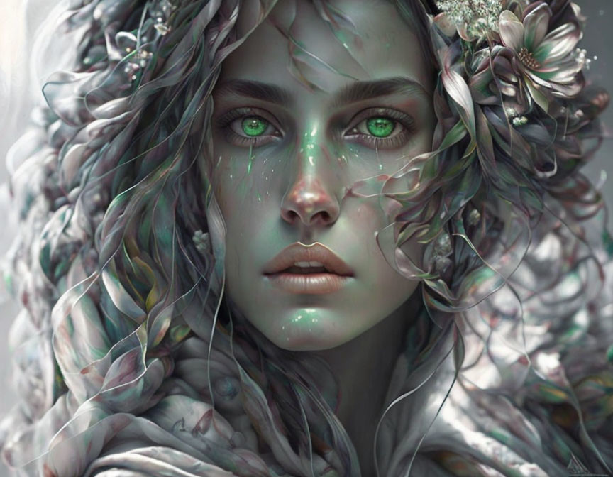 Digital Artwork: Woman with Green Eyes and Floral Hair Adornments