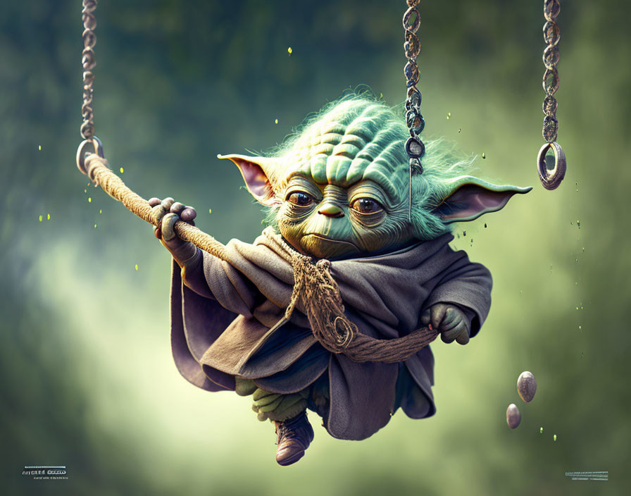 Digital artwork: Yoda-like character on swing in serene forest with floating stones