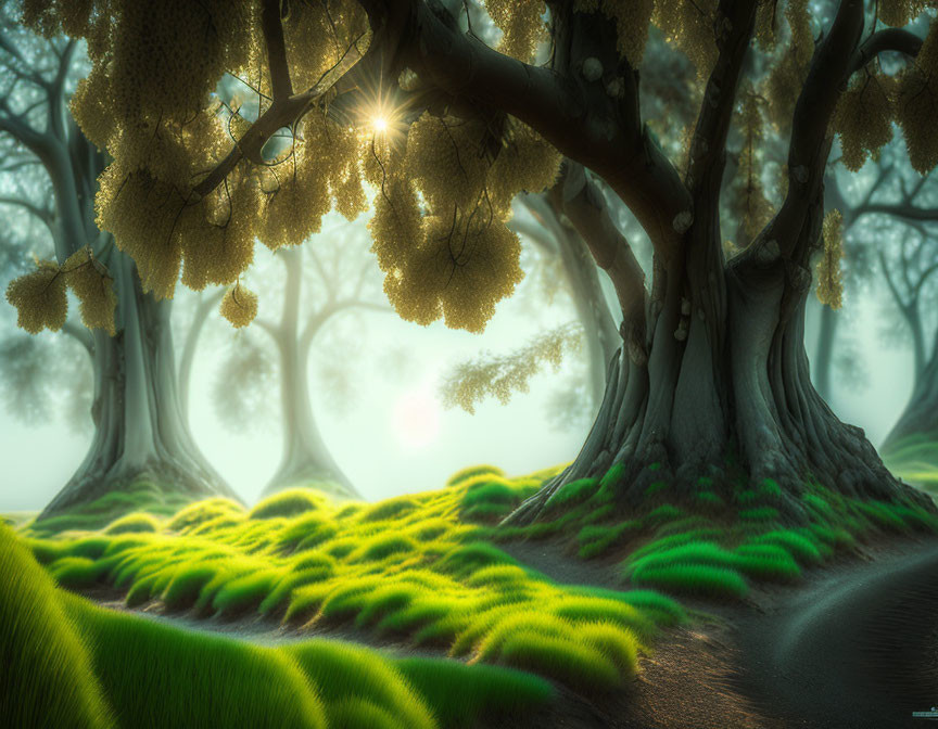 Mystical forest with sunlight and lush green moss