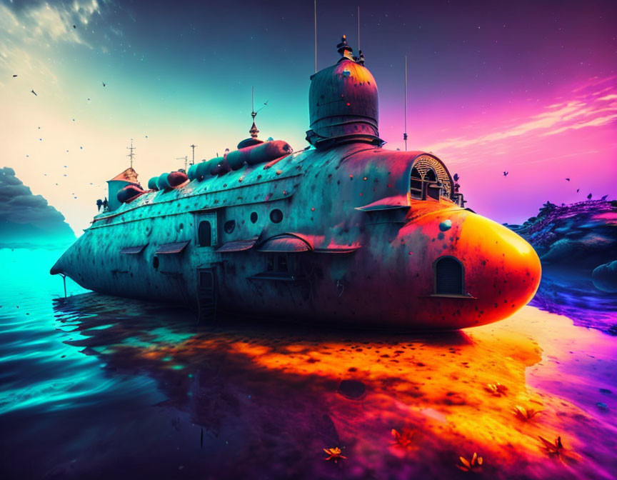 Surreal submarine with architectural structures in vibrant sky