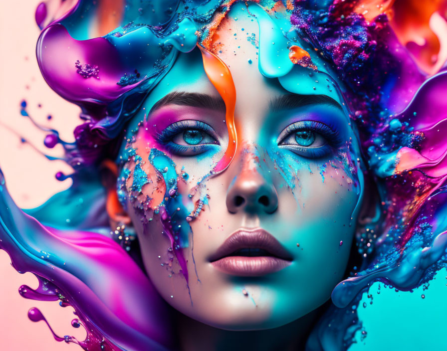 Colorful Liquid Splashes Surrounding Woman's Face in Surreal Portrait