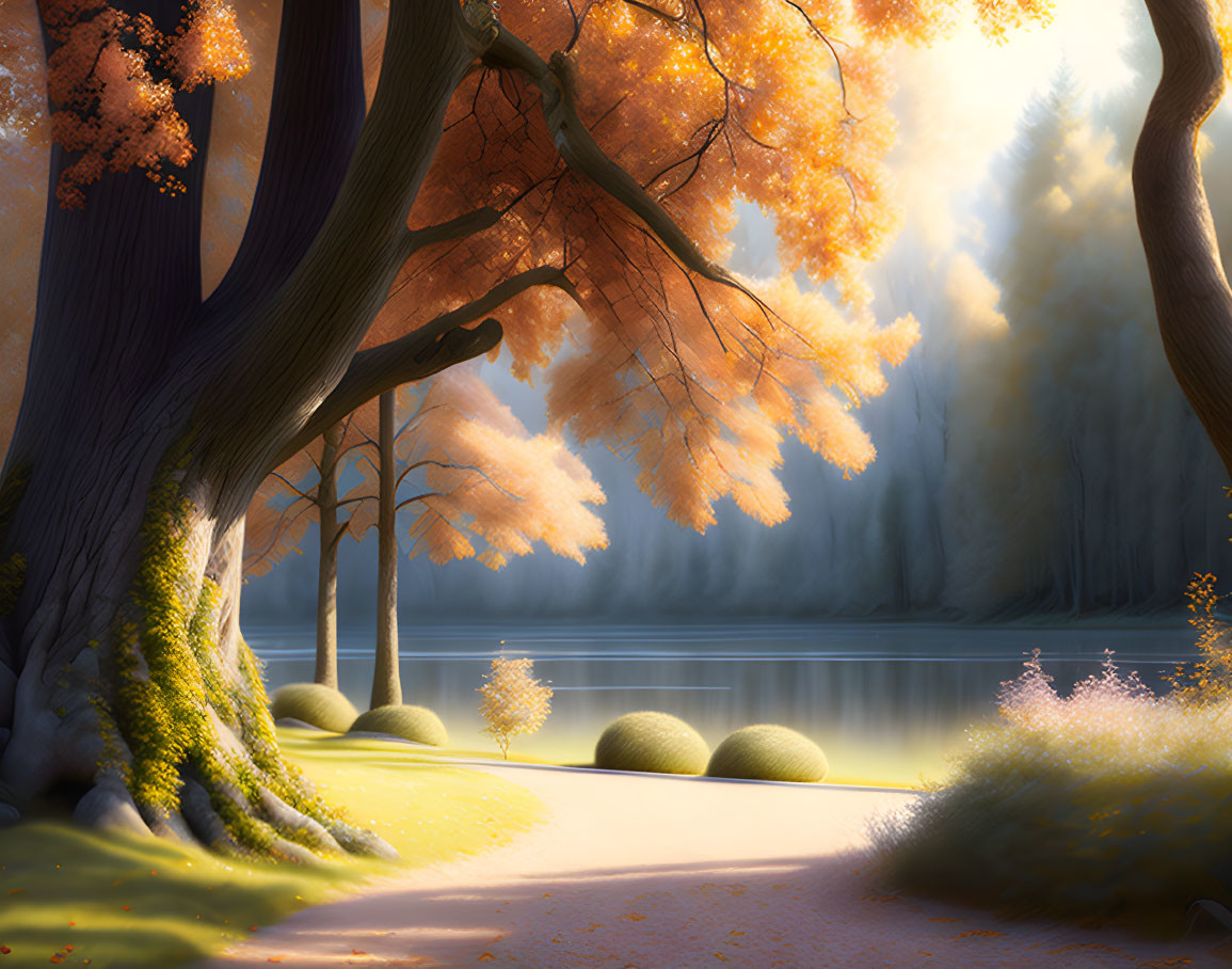 Tranquil autumn landscape with golden leaves, serene lake, sunlight, and lush moss