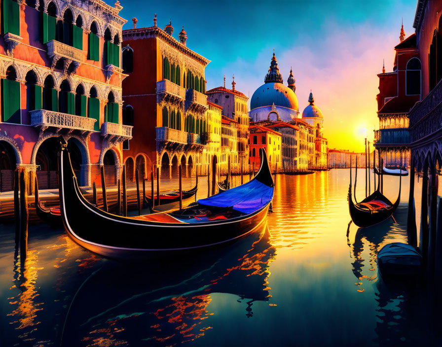 Venetian gondolas on tranquil water at sunset with historic buildings and Basilica di Santa Maria