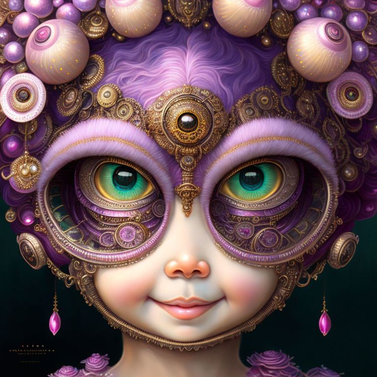 Character with Large Green Eyes and Ornate Purple/Gold Head Adornments