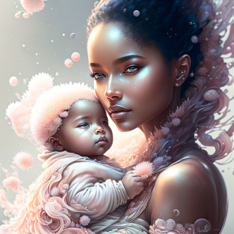 Digital Artwork: Woman with Baby in Soft Pastel Motifs