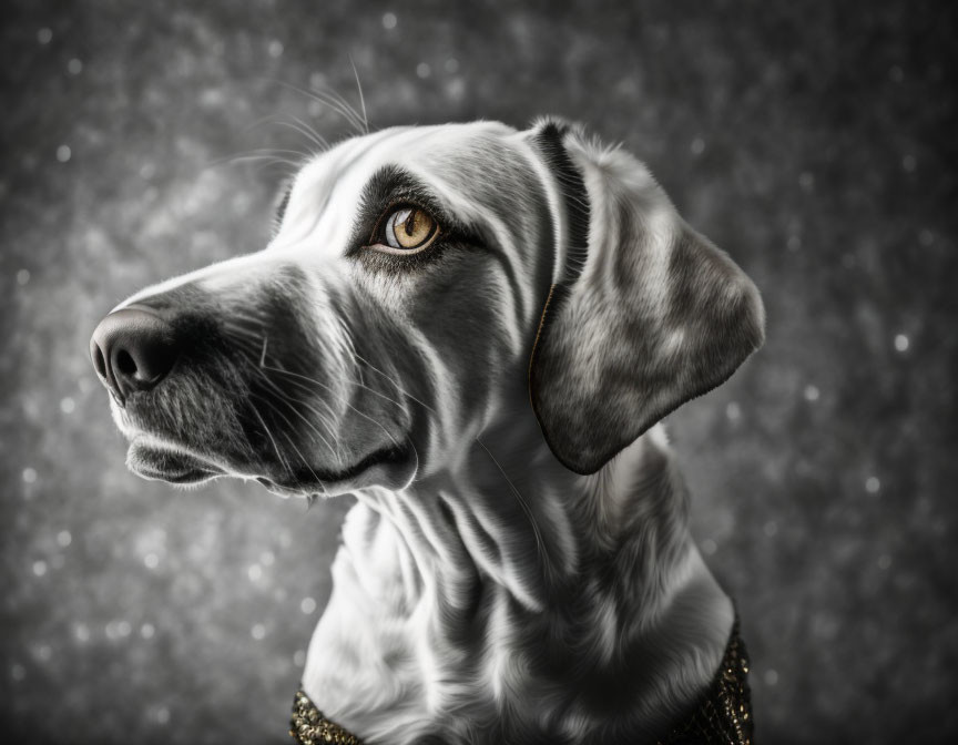 Close-up portrait of thoughtful dog with glossy coat and sparkling collar on gray bokeh background