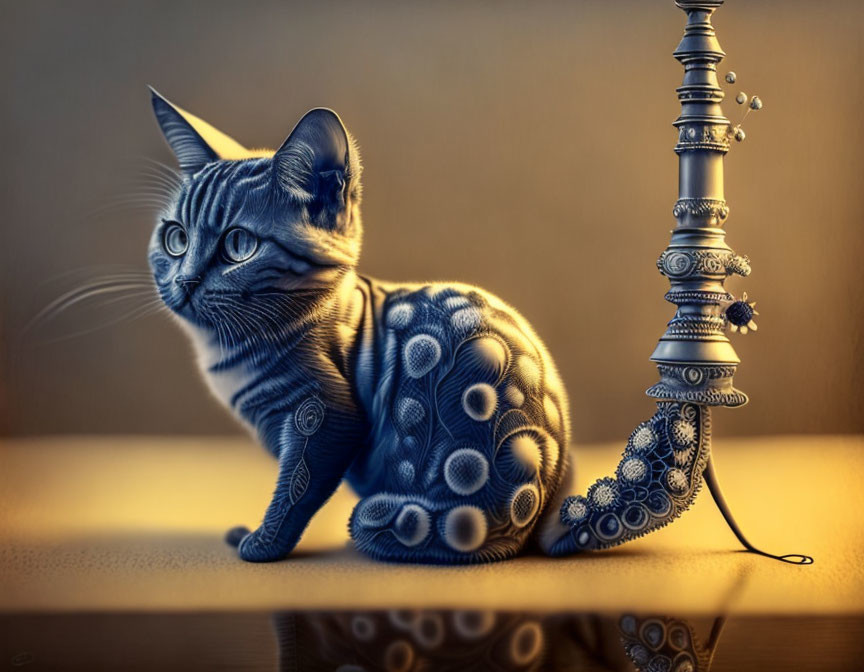 Cat with octopus tentacle patterns beside ornate hookah in warm, moody lighting