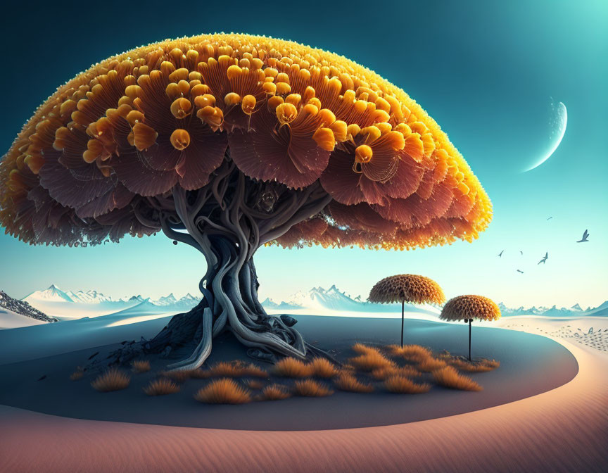 Surreal landscape with oversized mushroom tree, birds, dunes, mountains, and crescent moon