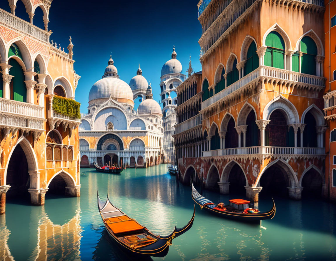 Historic Venetian canal with gondolas and Basilica di Santa Maria della Salute.