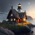 Whimsical house with round towers by the sea at dusk