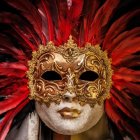 Intricate golden mask with red feathers on figure in dark setting
