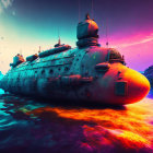 Surreal submarine with architectural structures in vibrant sky