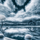 Tranquil infrared landscape with lake, water lilies, and dramatic sky