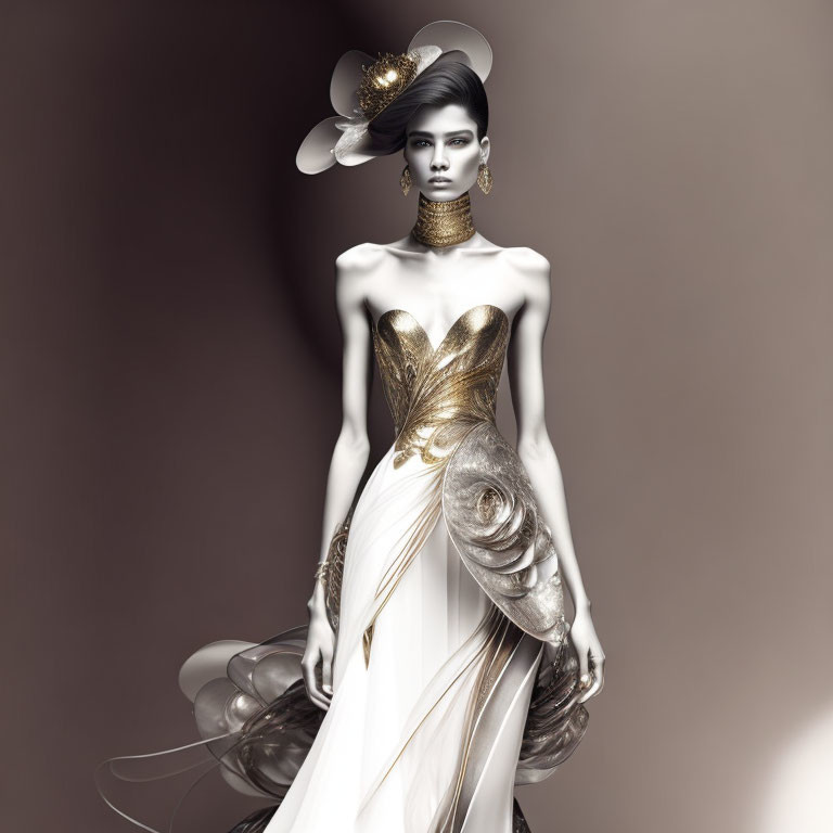 Futuristic digital illustration of woman in white and gold gown