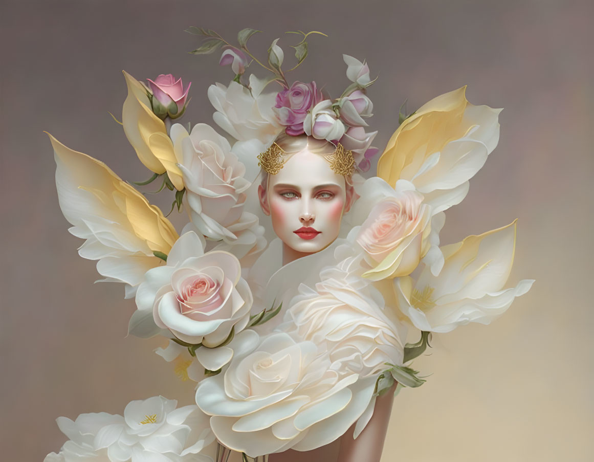 Surreal portrait of woman with floral headdress and golden accents