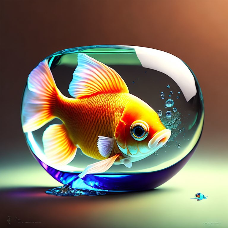 Vibrant oversized goldfish in small fishbowl with single pebble