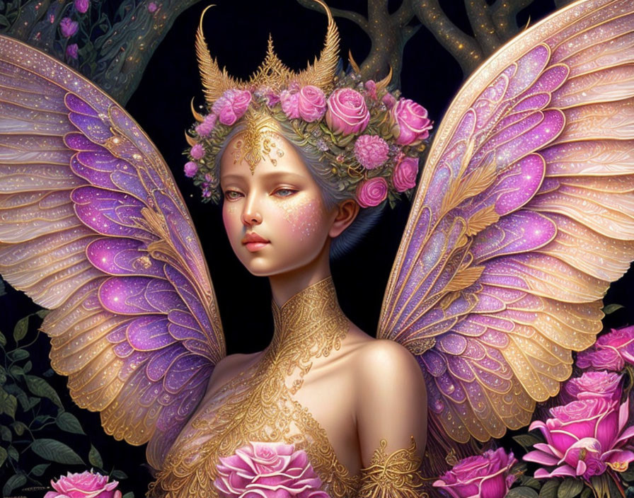 Fantastical female figure with butterfly wings and golden attire in floral setting