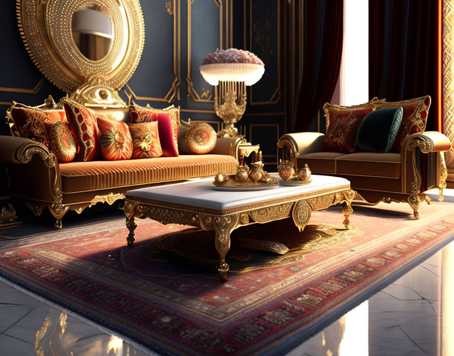 Opulent living room with gold-trimmed furniture, elegant drapes, vintage rug, and grand