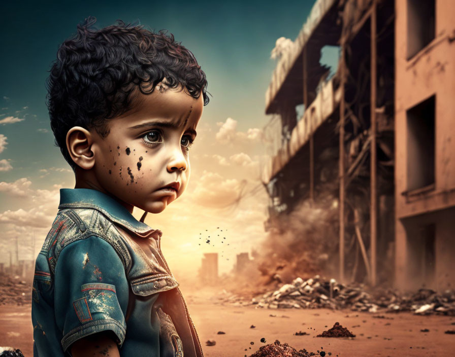 Child in Blue Jacket Amidst War-Torn Ruins