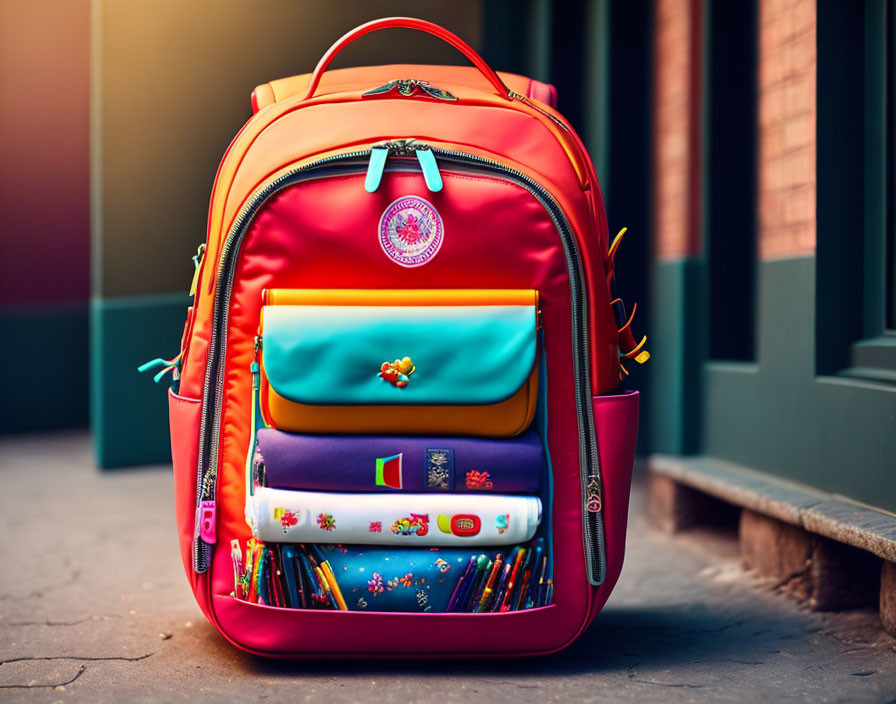 Colorful Red School Backpack with Multiple Compartments and Zippers