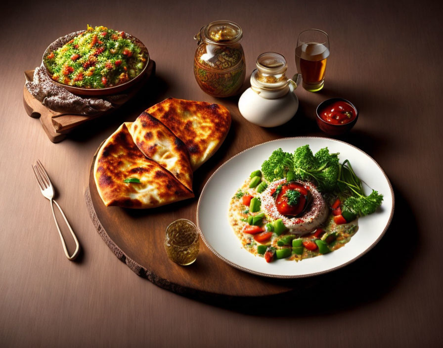 Traditional Meal Setup: Rice, Grilled Meat, Vegetables, Flatbreads, Condiments,