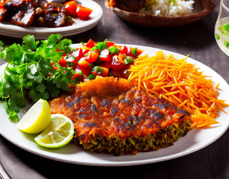 Spiced rice with grilled meat, carrots, lime, and salad on wooden table