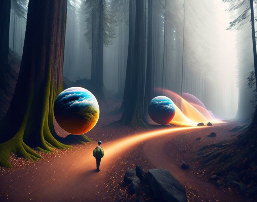 Person walking towards three floating cosmic orbs on misty forest path