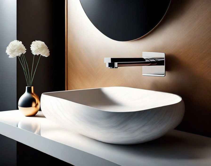 Modern Bathroom Sink with White Oval Basin and Wall-Mounted Faucet