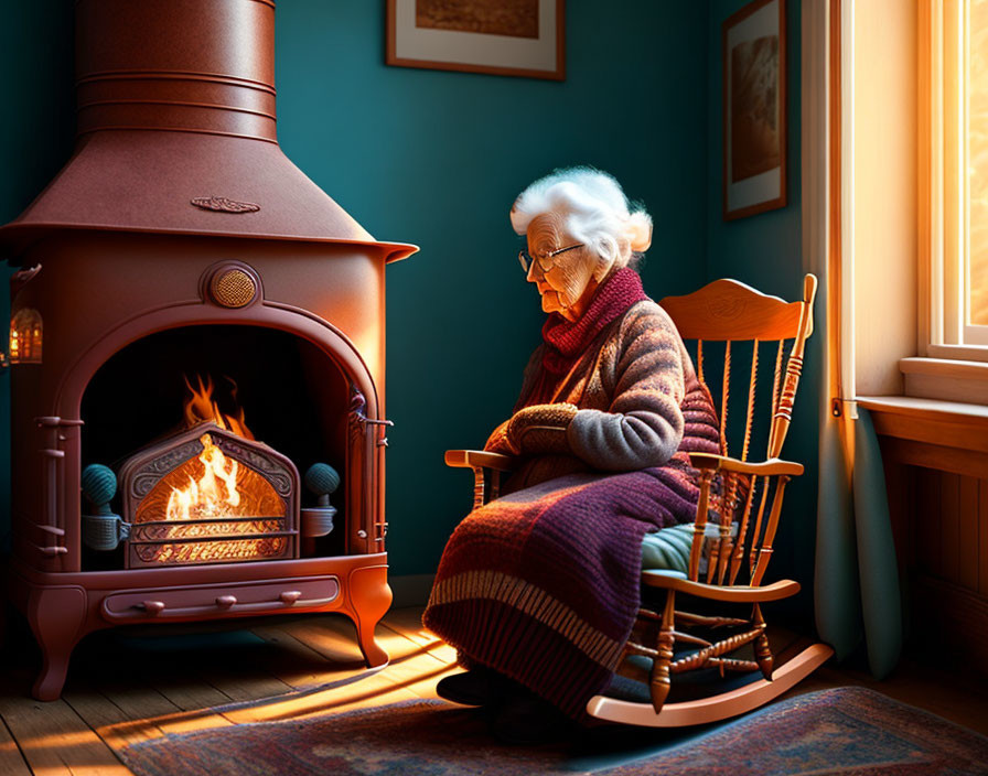 Elderly woman in rocking chair by fireplace in cozy room