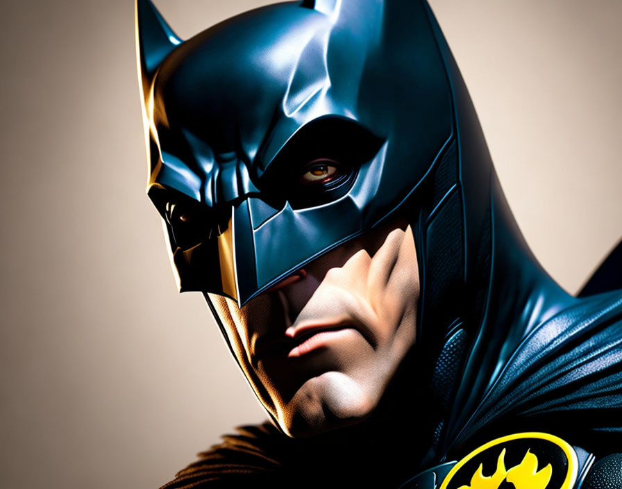 Person in Batman costume with cowl and bat emblem close-up