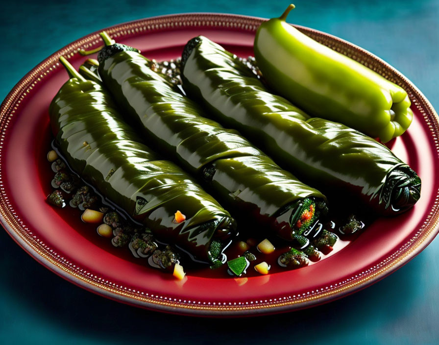 Colorful Stuffed Green Chilies on Red Plate with Corn and Carrot Pieces