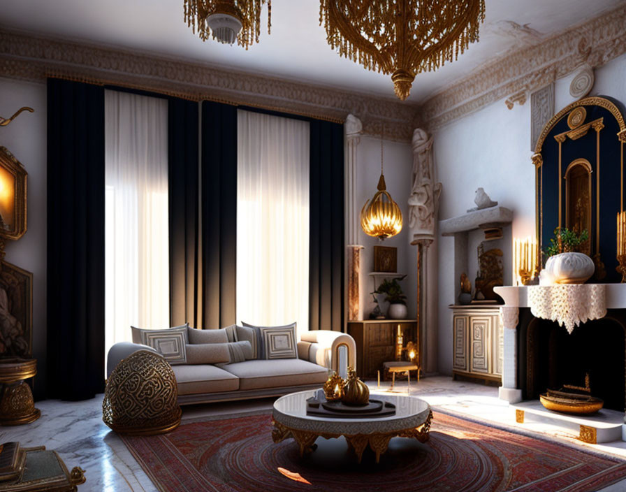 Elegant living room with classic sofa, golden chandelier, dark curtains, and decorative fireplace in soft