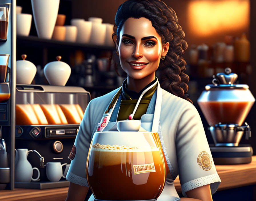 Smiling 3D-rendered barista with coffee pot in cozy café