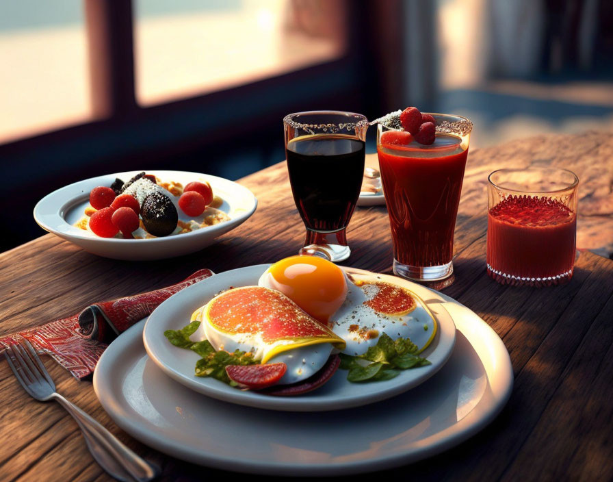 Wholesome breakfast spread with eggs, toast, tomato, berries, red juice, and coffee