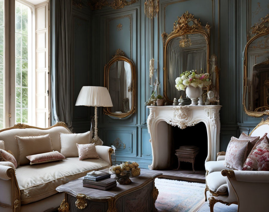 Luxurious Vintage Room with Blue Walls and Elegant Decor