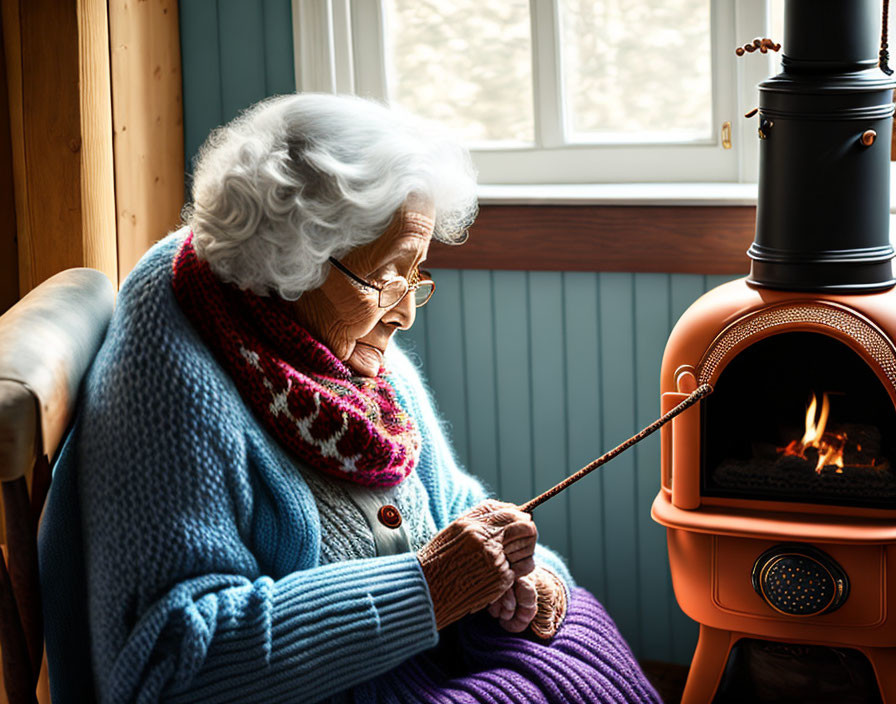 White-Haired Elderly Woman Knitting by Stove in Cozy Room