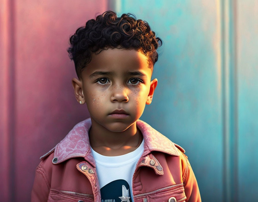 Curly-Haired Boy in Pink Jacket on Blue and Pink Background