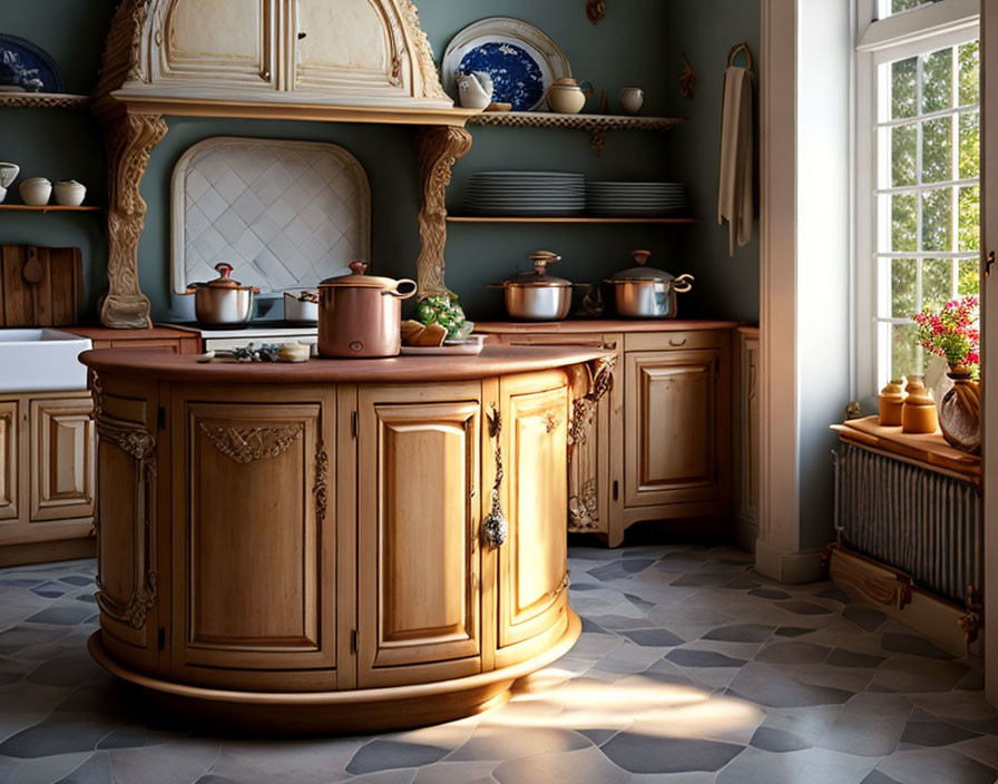 Modern kitchen with wooden cabinetry, tile flooring, curved island, copper pots, and natural light