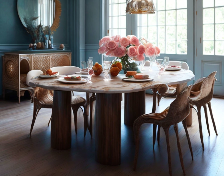 Elegant dining room with wooden table, pink roses, pendant light, blue backdrop