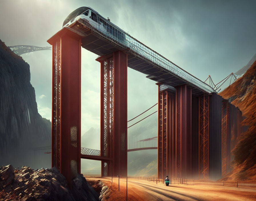 Futuristic train on high suspended bridge over canyon with car on dusty road.