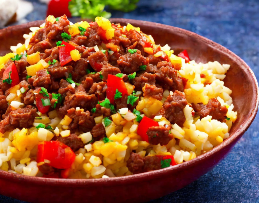 Savory Ground Beef Bowl on Yellow Rice with Red Peppers