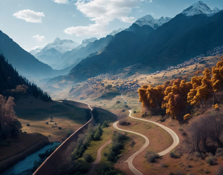 Scenic winding road in lush valley with golden trees and snowy mountains