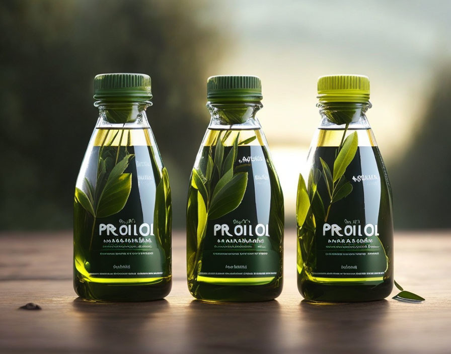 Green-labeled olive oil bottles on wooden surface with olive branches, natural backdrop.