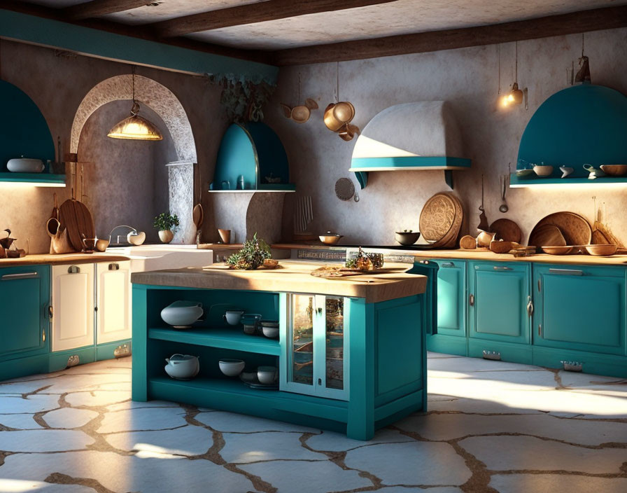 Turquoise Cabinets and Wooden Countertops in Rustic Kitchen